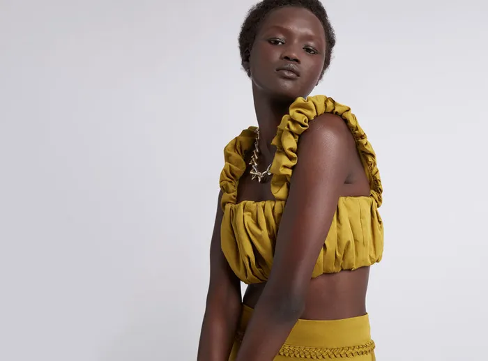 Aje Medina Ruched Cropped Top Olive Green Women Tops