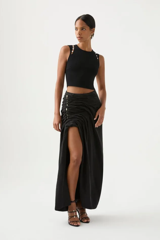 Aje Mika Draped Split Midi Skirt Black Women Skirts