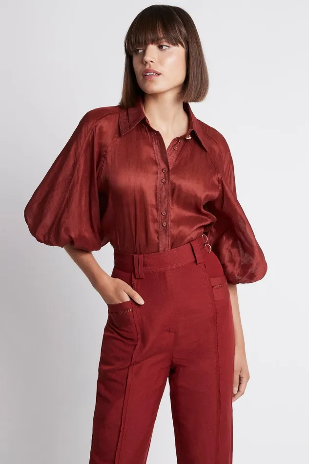Aje Palms Puff Sleeve Shirt Burgundy Women Tops