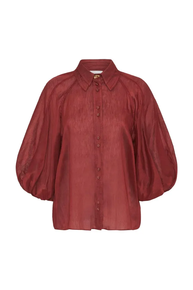 Aje Palms Puff Sleeve Shirt Burgundy Women Tops