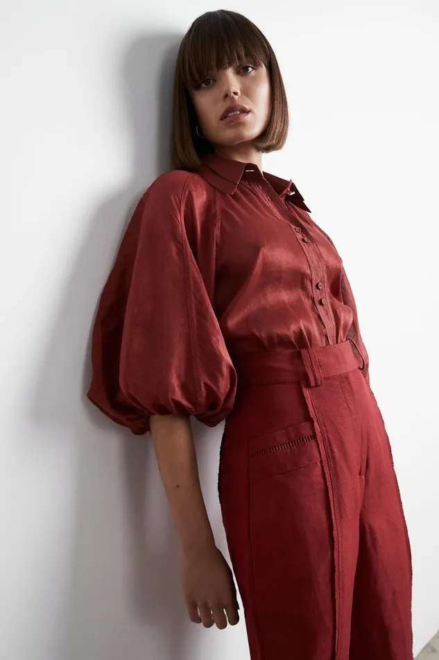 Aje Palms Puff Sleeve Shirt Burgundy Women Tops