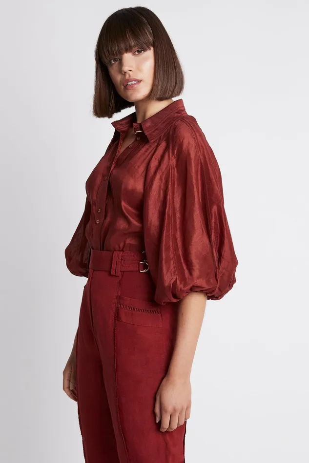 Aje Palms Puff Sleeve Shirt Burgundy Women Tops