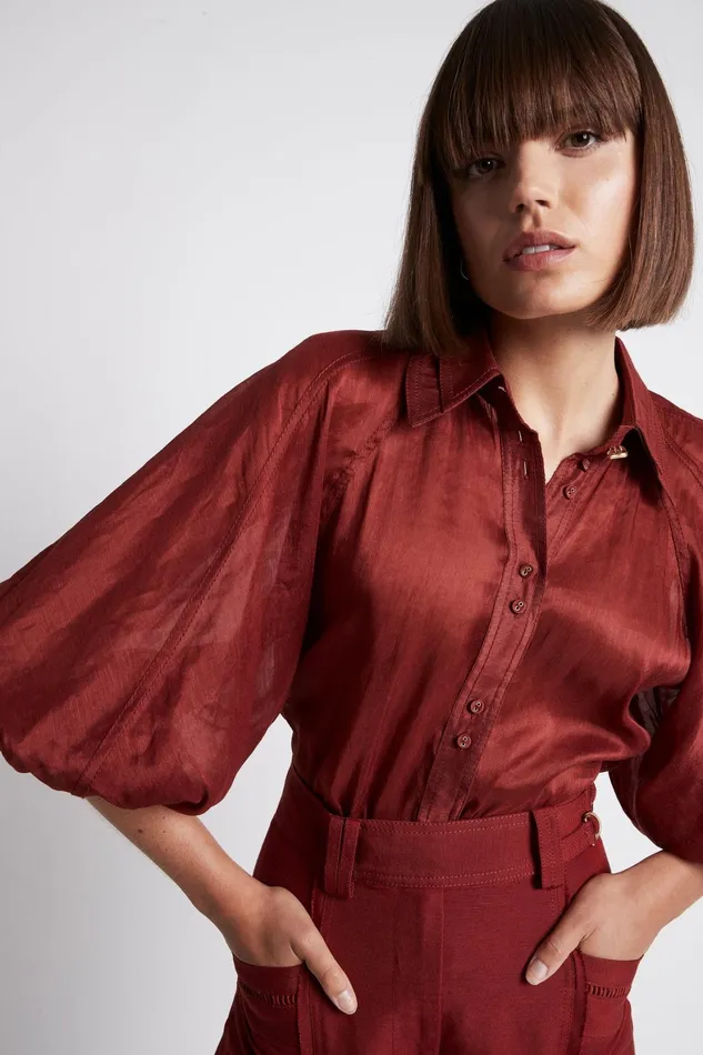 Aje Palms Puff Sleeve Shirt Burgundy Women Tops