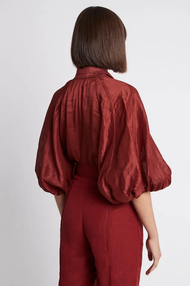 Aje Palms Puff Sleeve Shirt Burgundy Women Tops