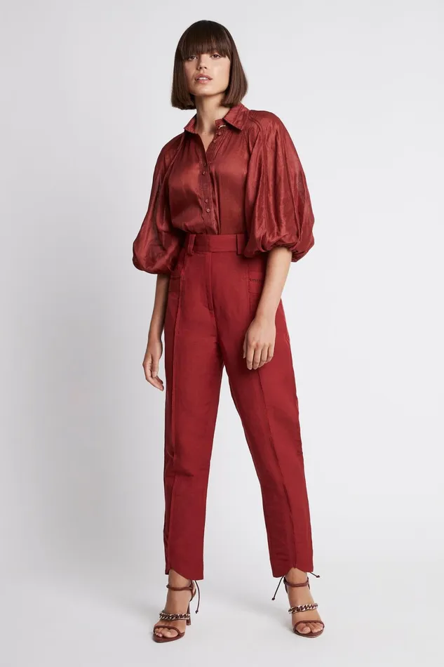 Aje Palms Puff Sleeve Shirt Burgundy Women Tops