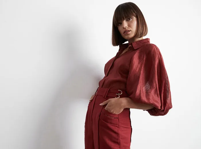 Aje Palms Puff Sleeve Shirt Burgundy Women Tops