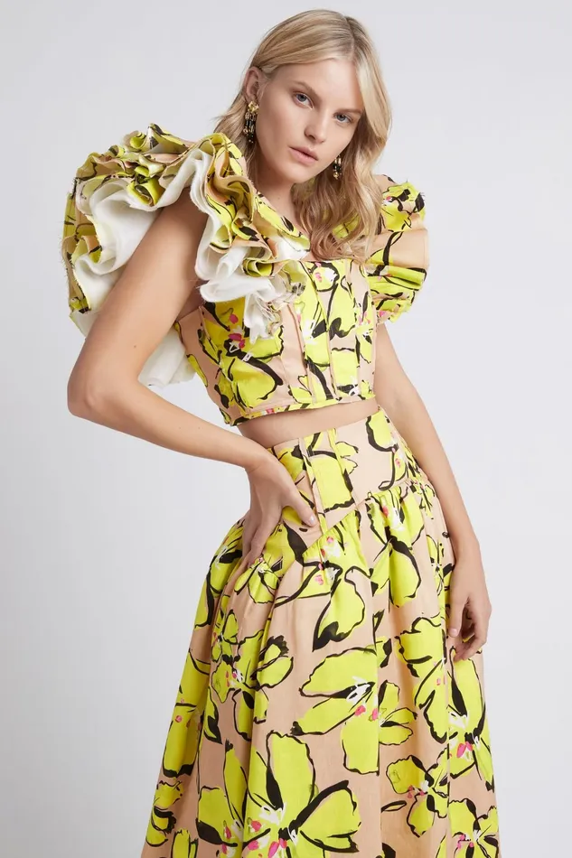 Aje Pelicano Citrus Bloom Frill Cropped Top Citrus Bloom Women Tops