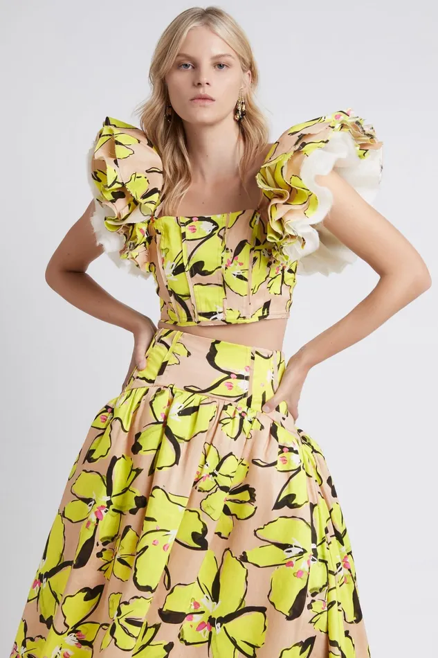 Aje Pelicano Citrus Bloom Frill Cropped Top Citrus Bloom Women Tops
