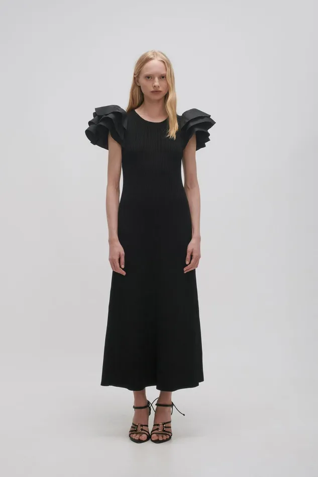 Aje Questa Puff Midi Dress Black Women Body and Crepe Knit