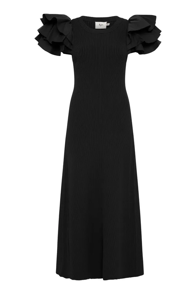 Aje Questa Puff Midi Dress Black Women Dresses