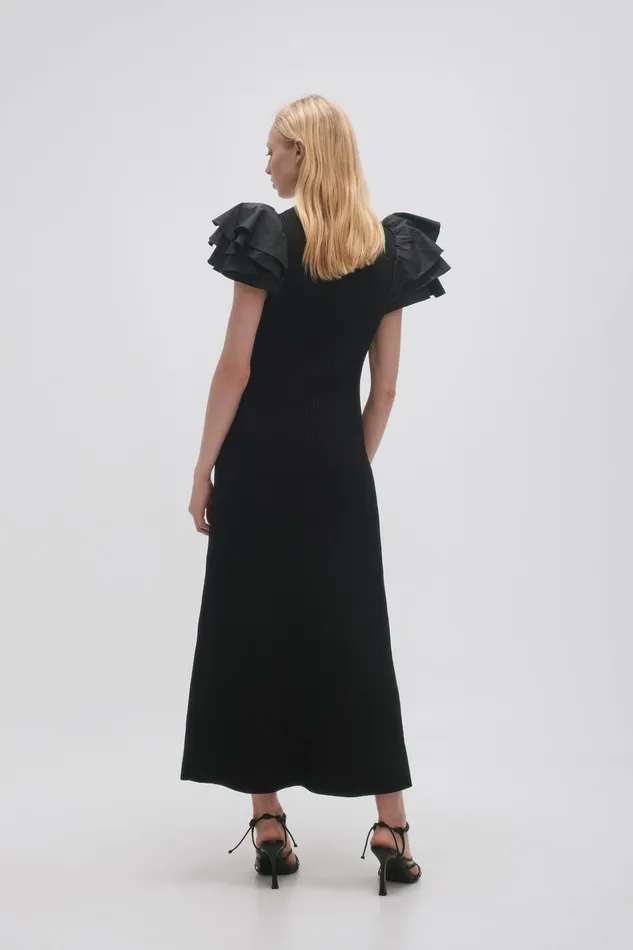 Aje Questa Puff Midi Dress Black Women Dresses