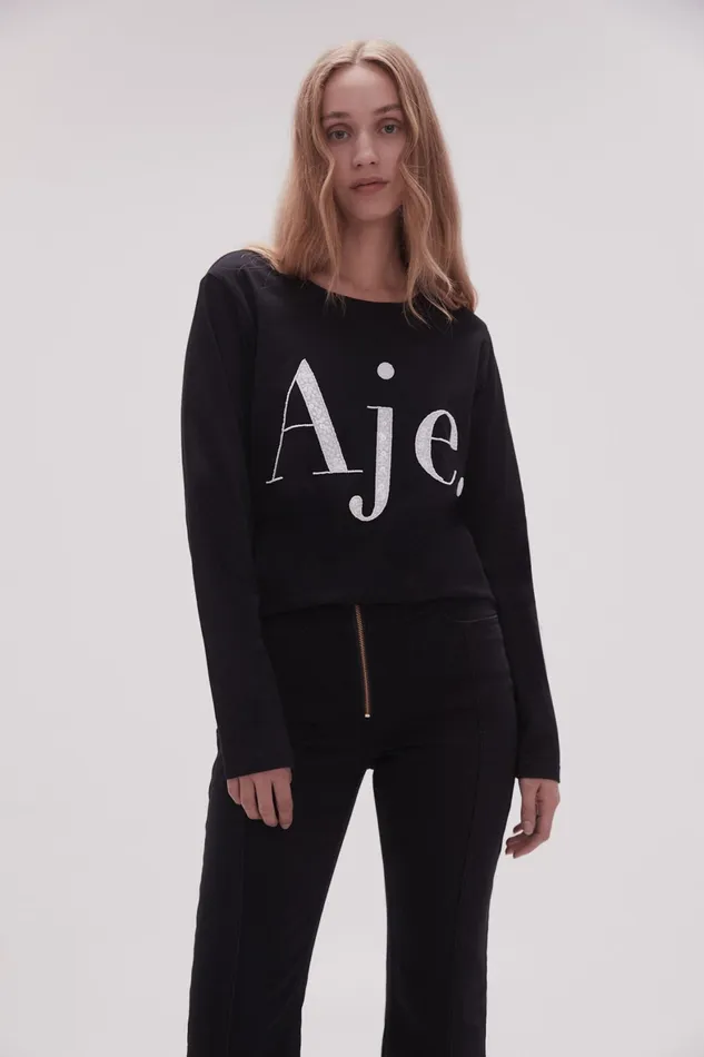 Aje Remi Long Sleeve Logo Tee Blackwhite Logo Women Tees