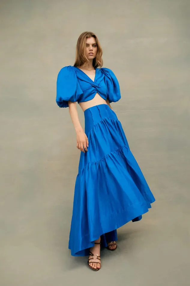 Aje Reverb Puff Sleeve Cropped Top Cobalt Blue Women Tops