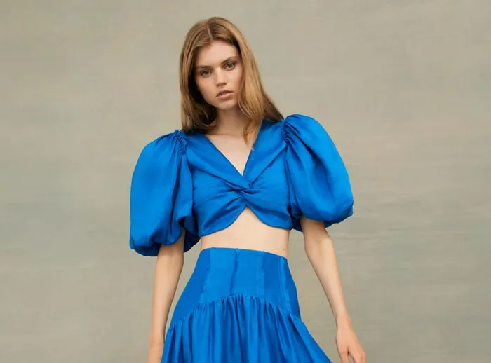 Aje Reverb Puff Sleeve Cropped Top Cobalt Blue Women Tops