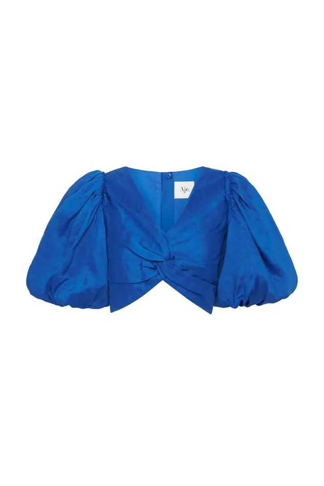 Aje Reverb Puff Sleeve Cropped Top Cobalt Blue Women Tops