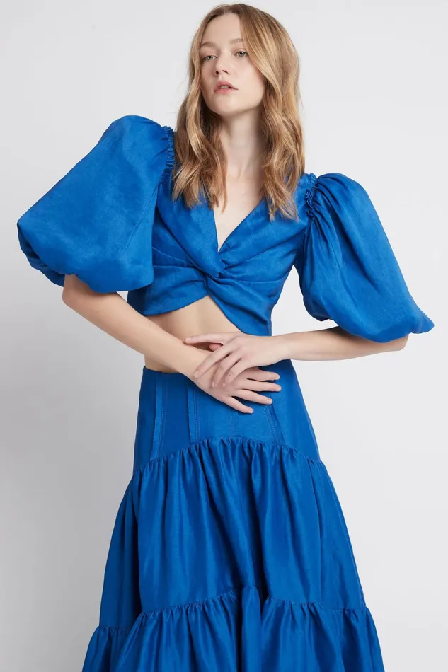 Aje Reverb Puff Sleeve Cropped Top Cobalt Blue Women Tops