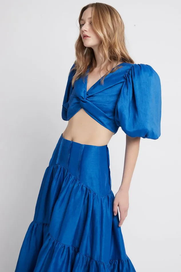 Aje Reverb Puff Sleeve Cropped Top Cobalt Blue Women Tops