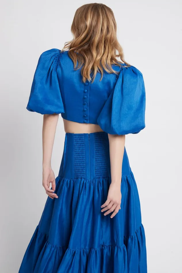 Aje Reverb Puff Sleeve Cropped Top Cobalt Blue Women Tops