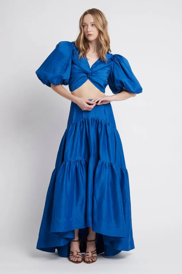 Aje Reverb Puff Sleeve Cropped Top Cobalt Blue Women Tops