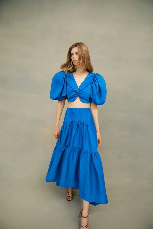 Aje Reverb Puff Sleeve Cropped Top Cobalt Blue Women Tops