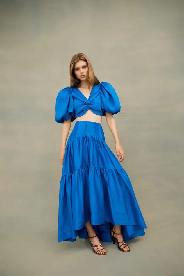 Aje Reverb Puff Sleeve Cropped Top Cobalt Blue Women Tops