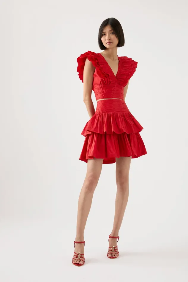 Aje Rhythmic Tiered Frill Skirt Scarlet Red Women Skirts