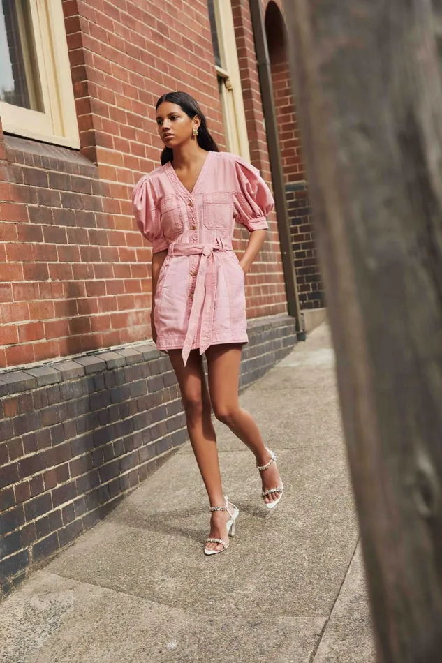Aje Shades Pink Denim Dress Two Tone Pink Women Dresses