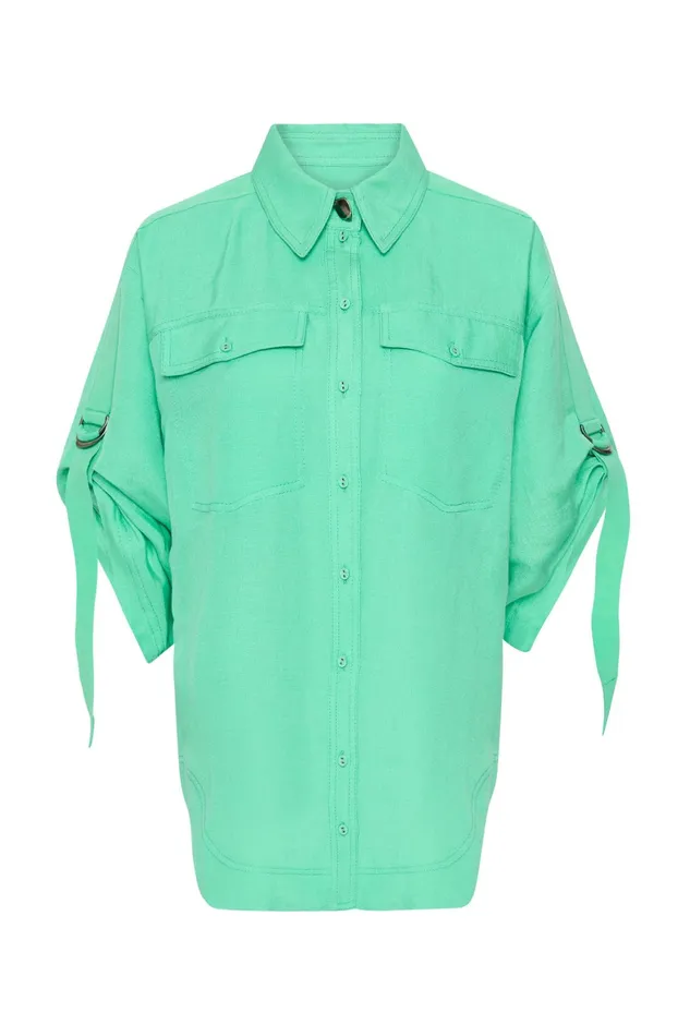 Aje Signal Ruched Sleeve Shirt Marine Green Women Tops