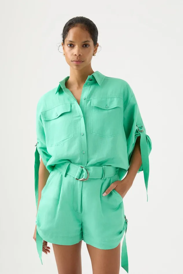 Aje Signal Ruched Sleeve Shirt Marine Green Women Tops