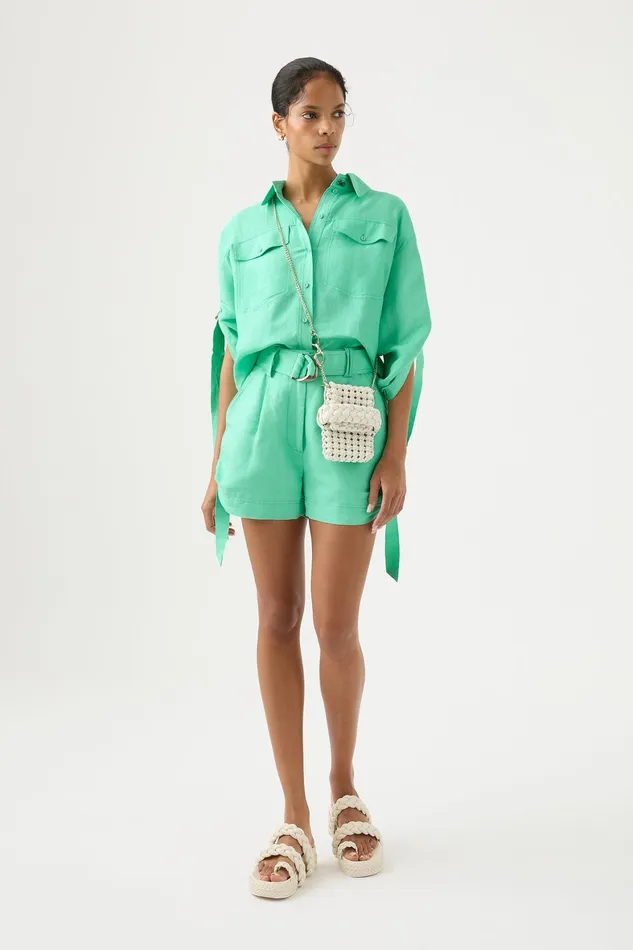 Aje Signal Ruched Sleeve Shirt Marine Green Women Tops