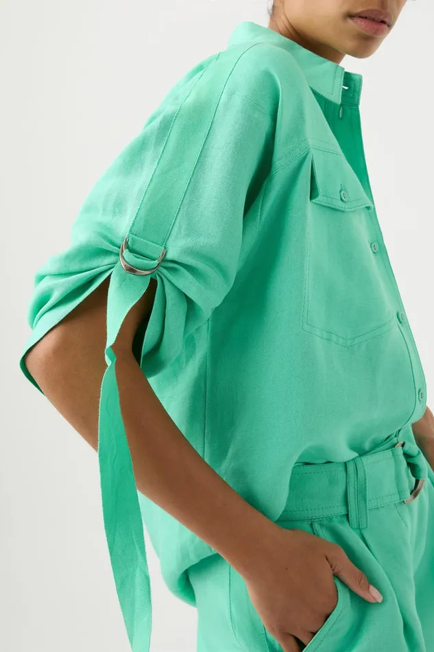 Aje Signal Ruched Sleeve Shirt Marine Green Women Tops