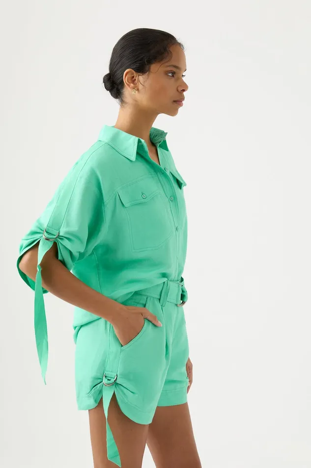 Aje Signal Ruched Sleeve Shirt Marine Green Women Tops