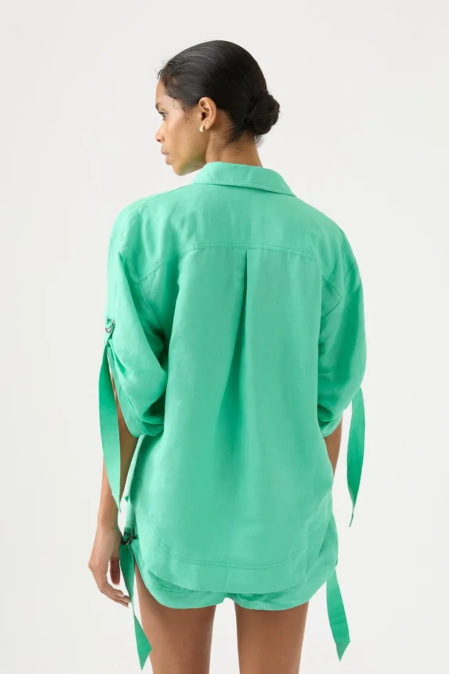 Aje Signal Ruched Sleeve Shirt Marine Green Women Tops