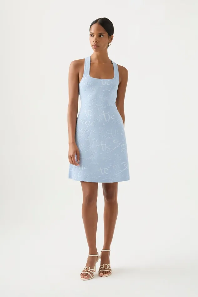 Aje Soleil Knit Mini Dress Steel Blue Ivory Women Dresses