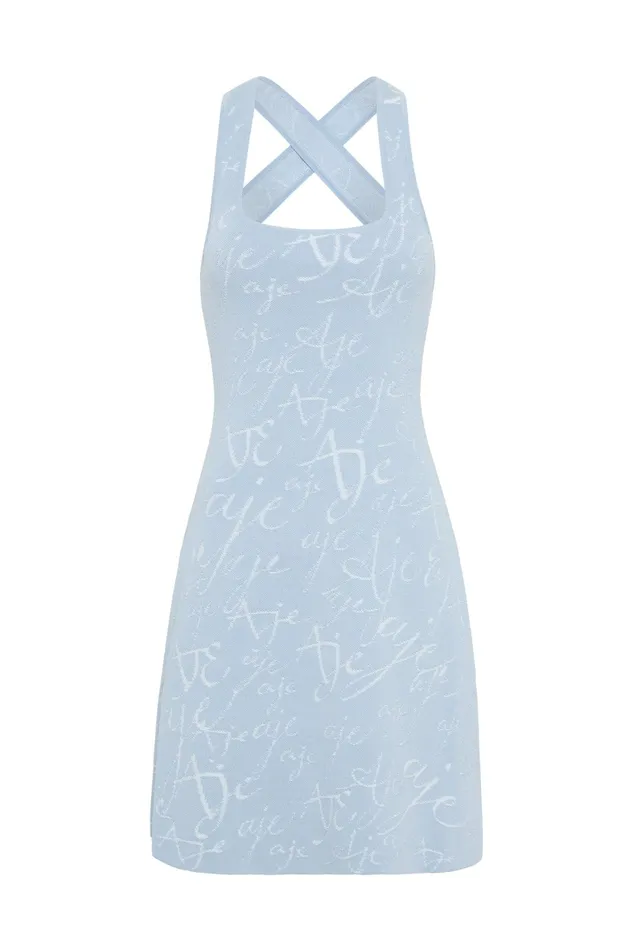Aje Soleil Knit Mini Dress Steel Blue Ivory Women Dresses