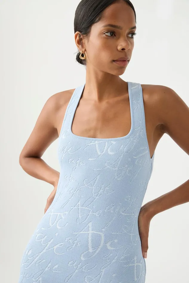 Aje Soleil Knit Mini Dress Steel Blue Ivory Women Dresses