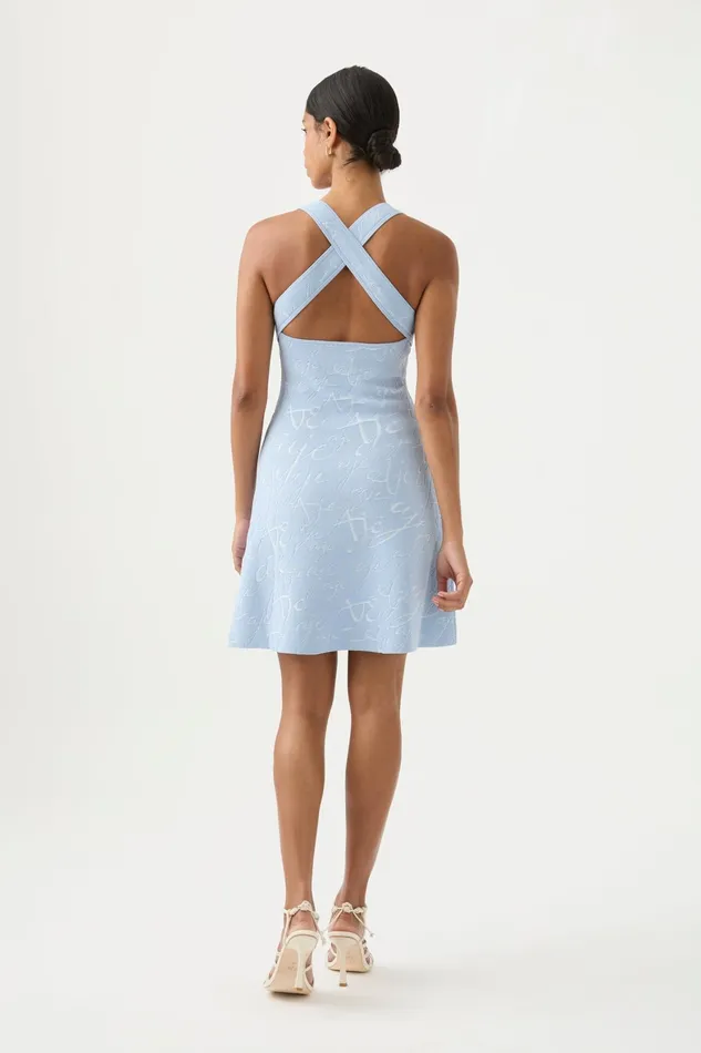 Aje Soleil Knit Mini Dress Steel Blue Ivory Women Dresses