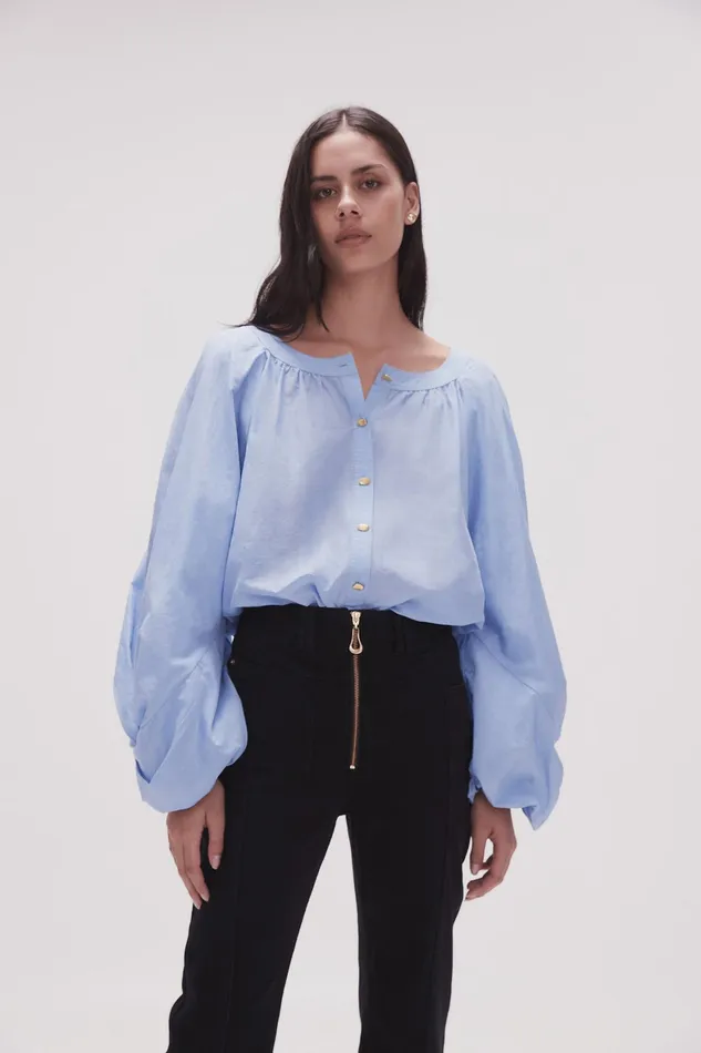Aje Violet Knot Sleeve Blouse Light Sky Blue Women Tops