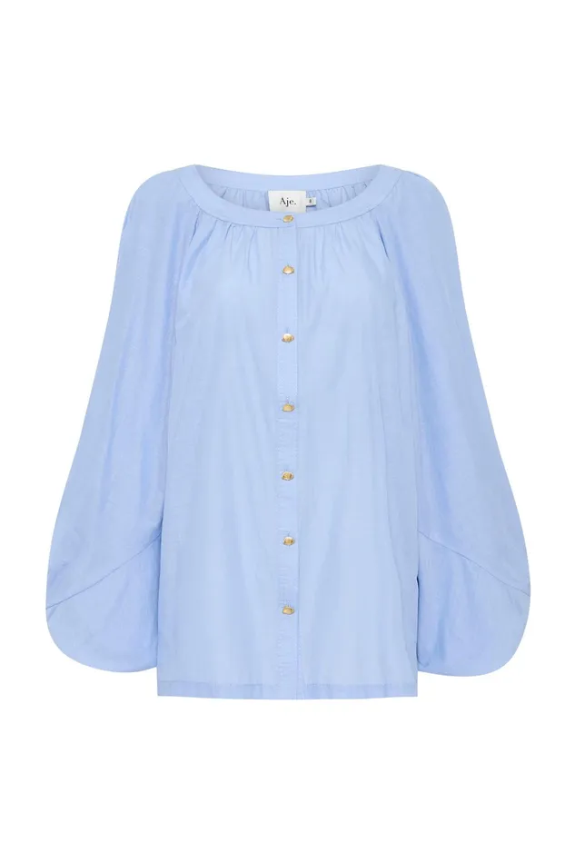 Aje Violet Knot Sleeve Blouse Light Sky Blue Women Tops