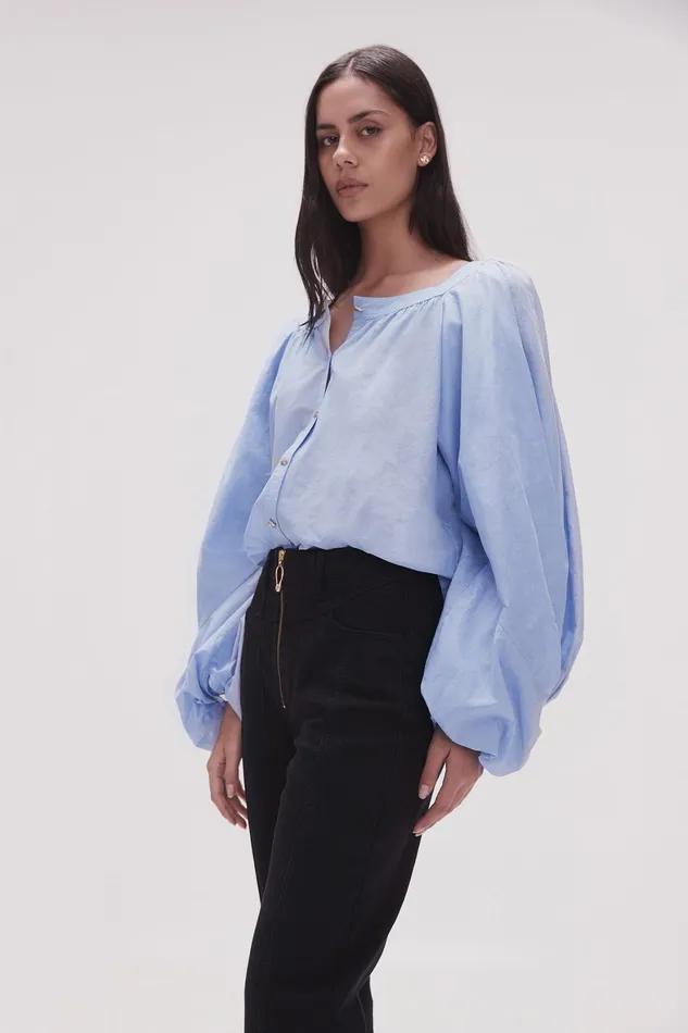 Aje Violet Knot Sleeve Blouse Light Sky Blue Women Tops