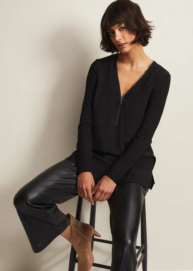 Alaina Longline Zip Detail Tunic Black Women Phase Eight Tops and TShirts