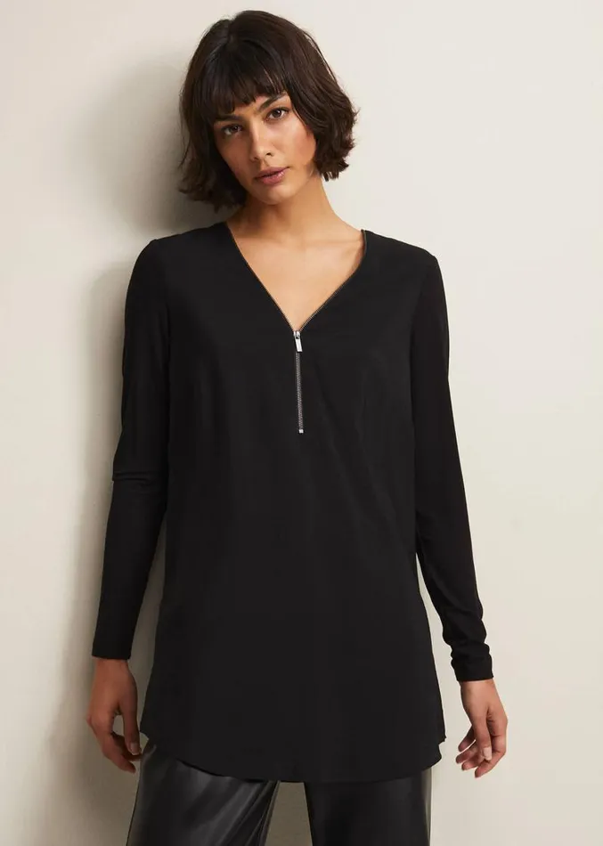 Alaina Longline Zip Detail Tunic Black Women Phase Eight Tops and TShirts