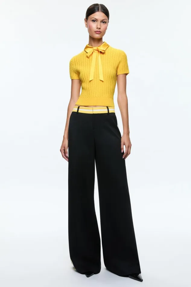 Alice Olivia Abbott Short Sleeve Pullover With Woven Collar Mustard Seed Women Sweaters