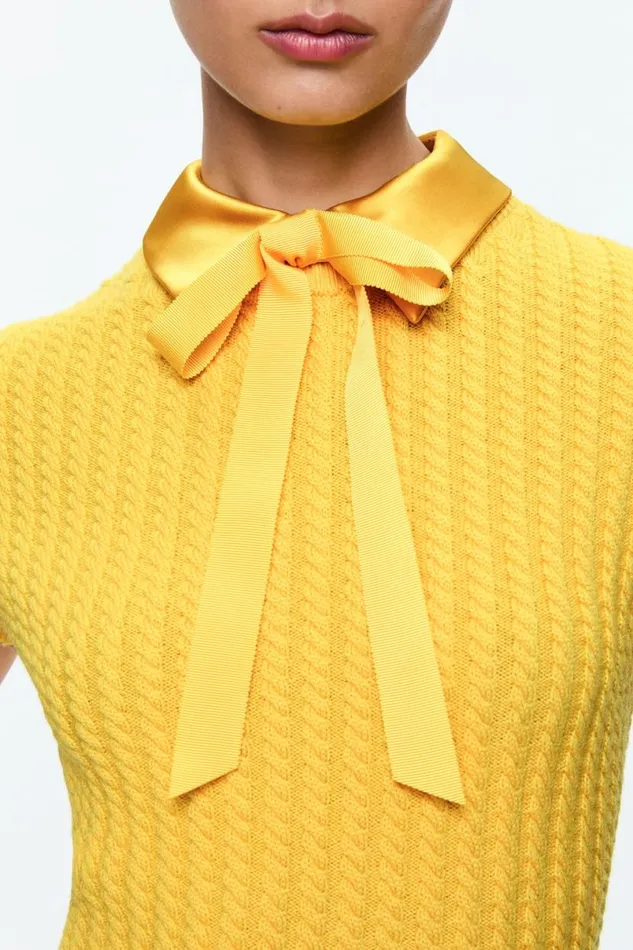 Alice Olivia Abbott Short Sleeve Pullover With Woven Collar Mustard Seed Women Sweaters