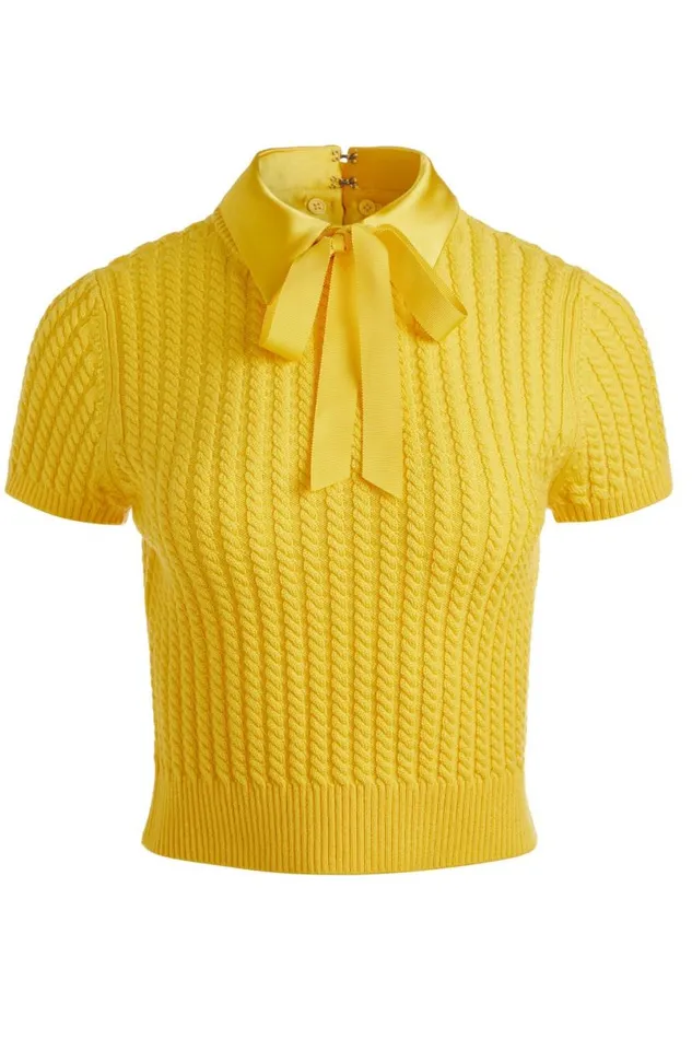 Alice Olivia Abbott Short Sleeve Pullover With Woven Collar Mustard Seed Women Sweaters