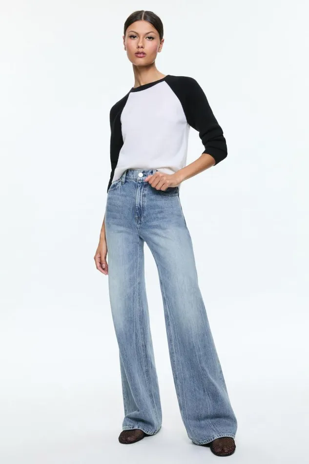 Alice Olivia Amari Shrunken Raglan Ecrublack Women Sweaters