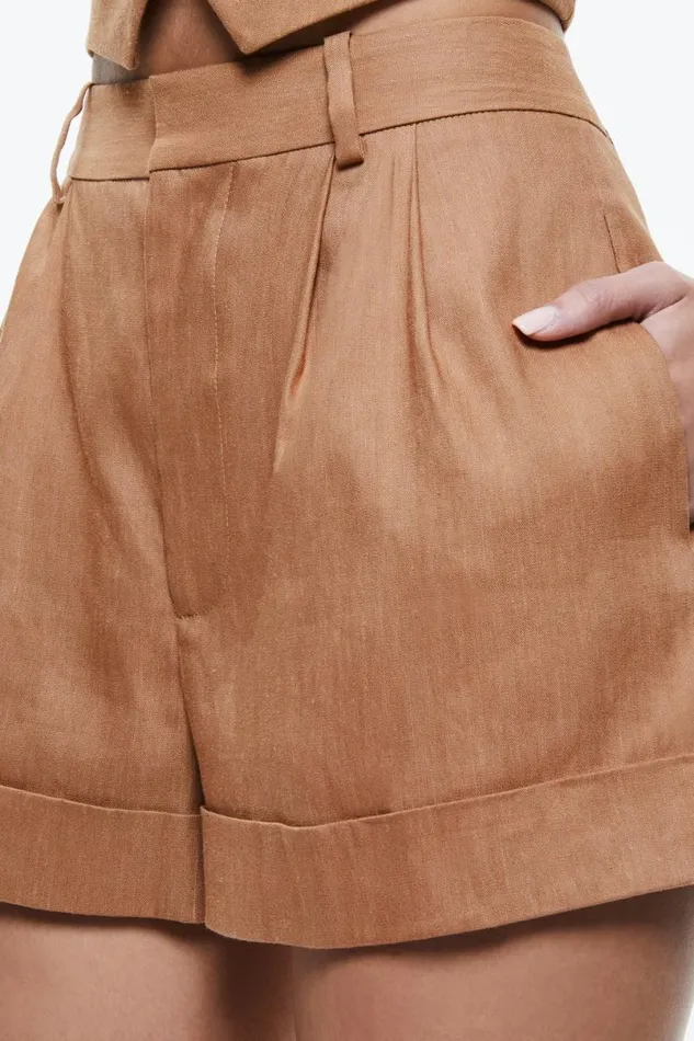 Alice Olivia Conry Linen Pleated Cuff Short Tan Women Shorts