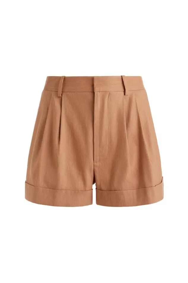 Alice Olivia Conry Linen Pleated Cuff Short Tan Women Shorts