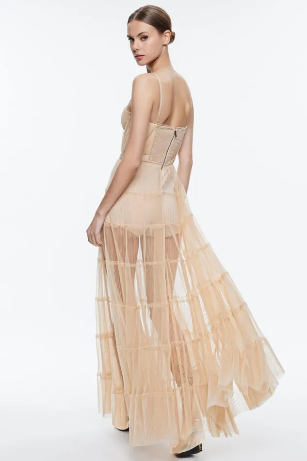 Alice Olivia Deena Pleated Maxi Dress With Hot Pant Almond Women Dresses