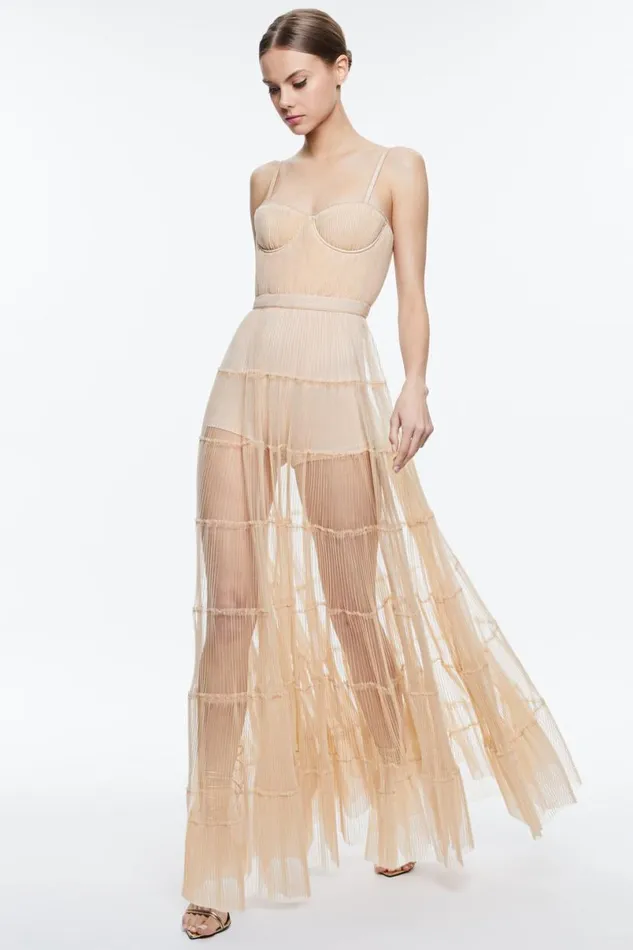 Alice Olivia Deena Pleated Maxi Dress With Hot Pant Almond Women Dresses